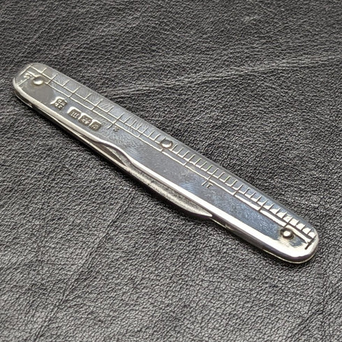 1904 British Antique Pure Silver Handle Folding Mini Knife with Ruler